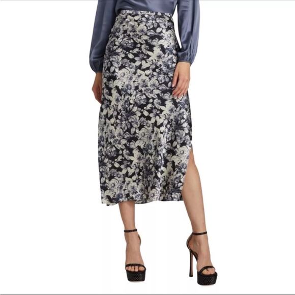 NWOT Cinq a Sept Adis Floral Print Silk Midi Skirt Black Blue Size 00 - Picture 1 of 10